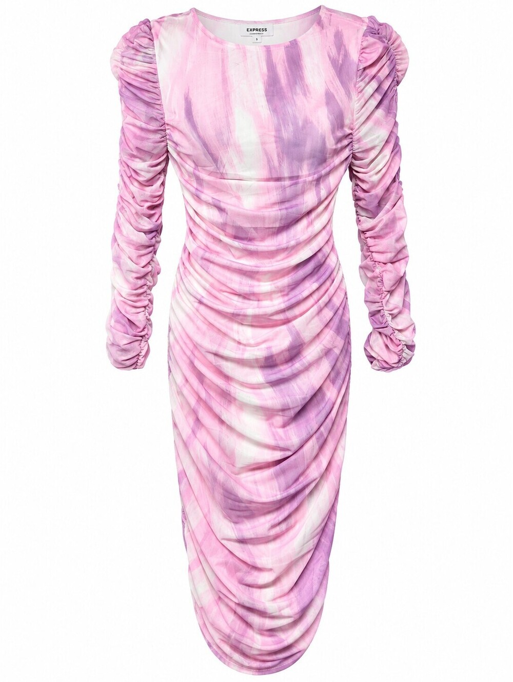 Express Body Contour XS Pink Ruched Bodycon Midi Dress Long Sleeve High Comp